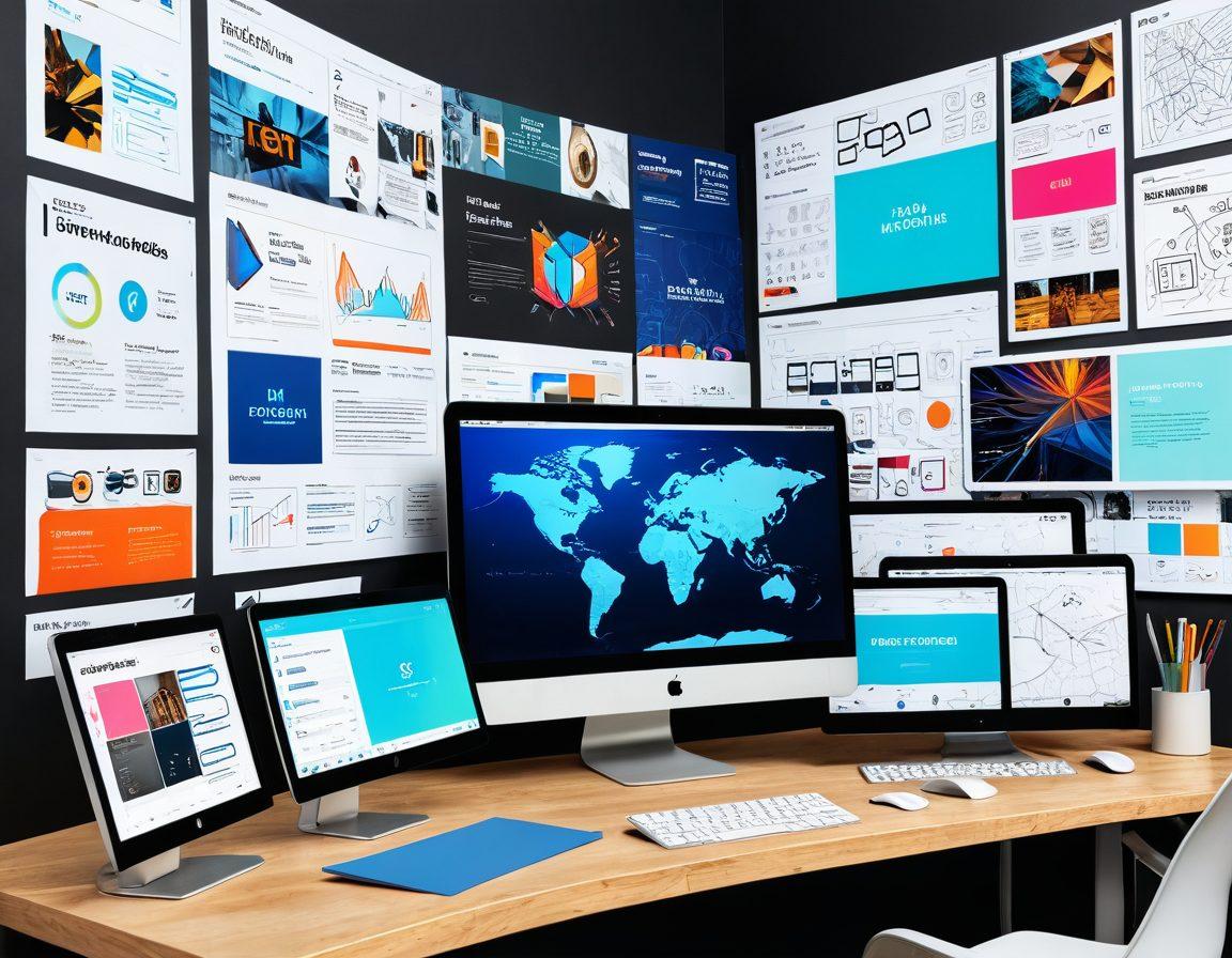 A collage of inspiring website designs displayed on multiple screens, showcasing vibrant colors, unique layouts, and immersive graphics. Each screen highlights different design elements like typography, animations, and navigation styles. A creative workspace setting with design tools and sketches scattered around adds context. Bright, engaging atmosphere with a modern tech vibe. super-realistic. vibrant colors. 3D.